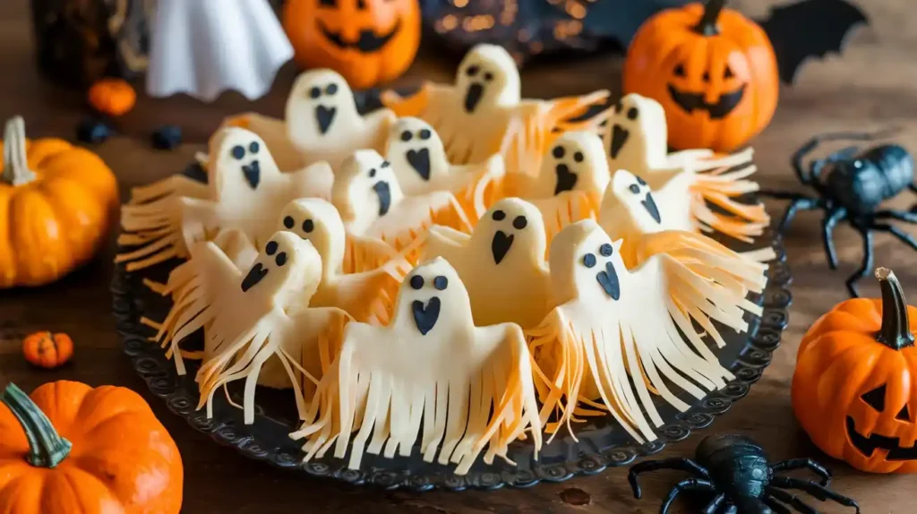 Fun and spooky string cheese ghosts for Halloween snacks.