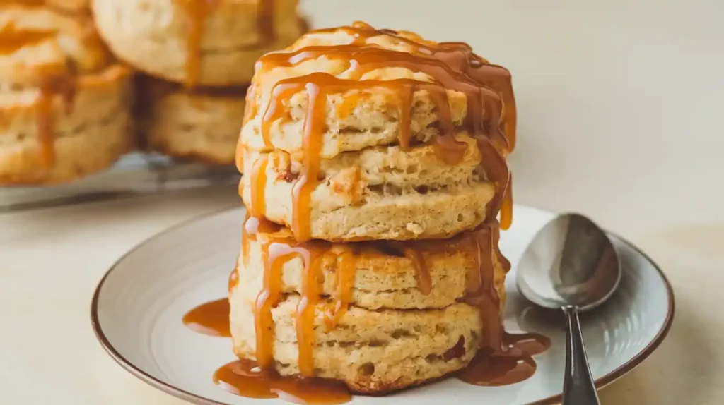 Stacked apple pie biscuits with caramel drizzle.