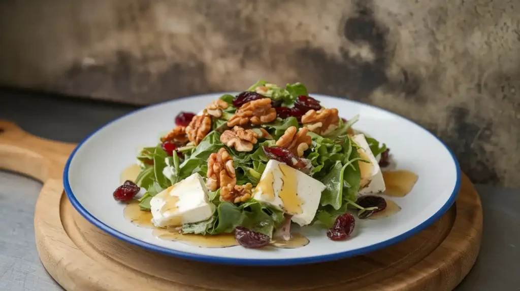 Warm goat cheese salad served on a plate.