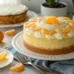 Freshly baked mandarin orange cake with smooth pineapple frosting, garnished with mandarin slices.