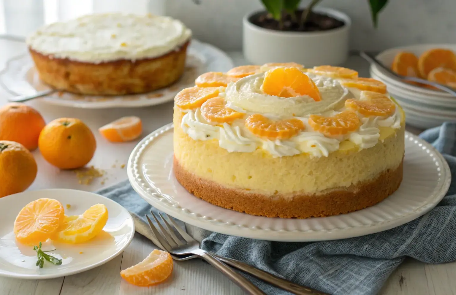 Freshly baked mandarin orange cake with smooth pineapple frosting, garnished with mandarin slices.