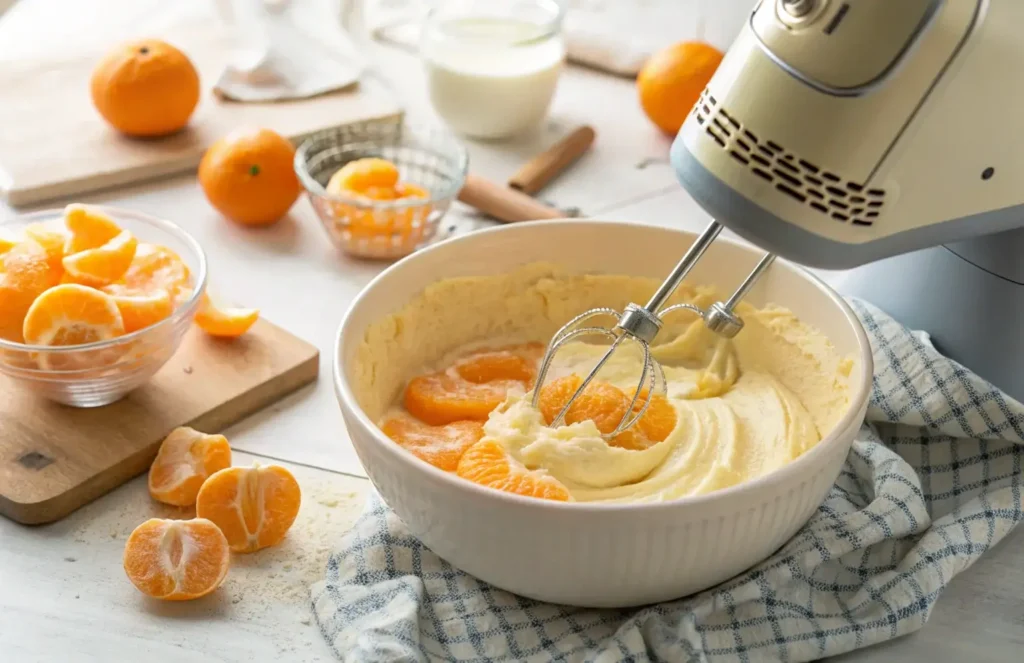 A mixing bowl filled with mandarin orange cake batter, with a hand mixer blending the ingredients.