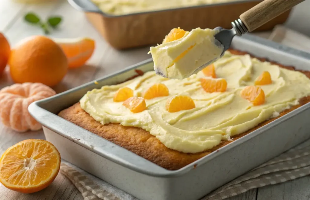 A spatula spreading smooth pineapple frosting over a baked mandarin orange cake in a pan.