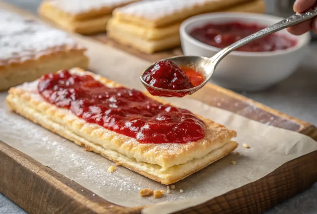 Adding jam filling to a homemade toaster strudel recipe.