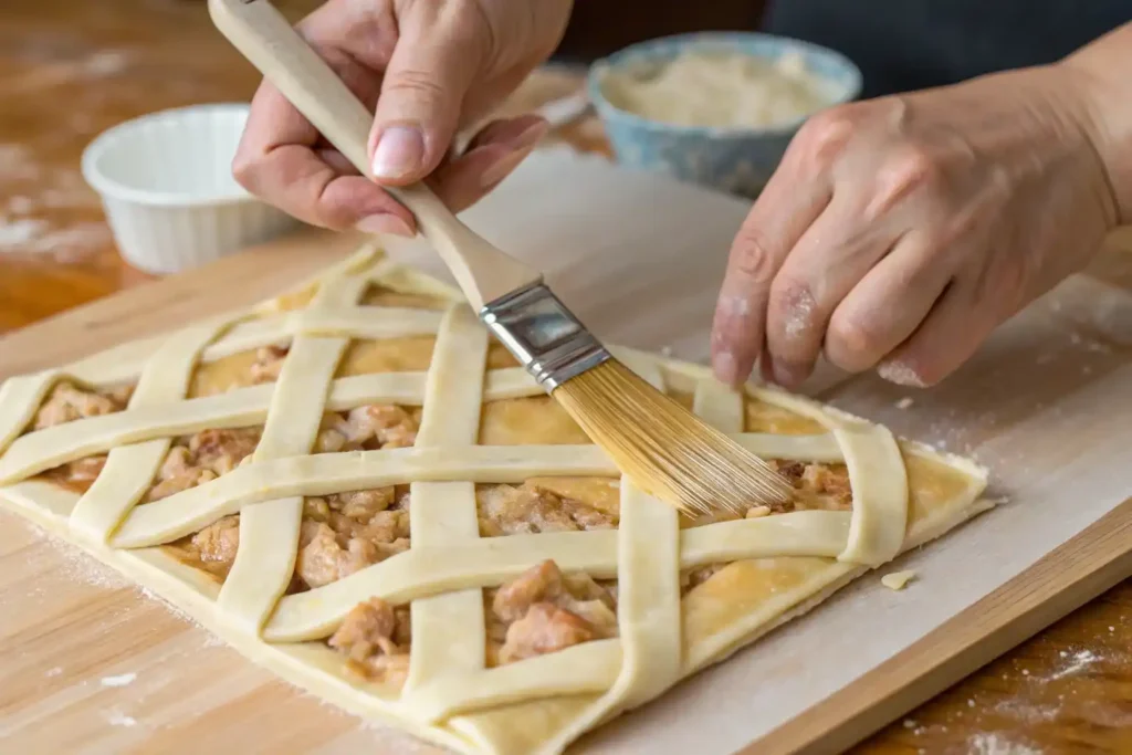 Assembling a chicken and cheese jalousie pastry.