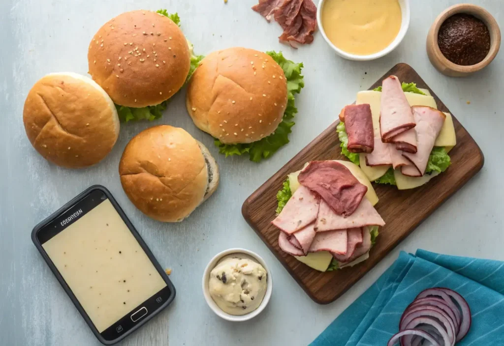 Assembling roast beef sliders with cheese and sauce