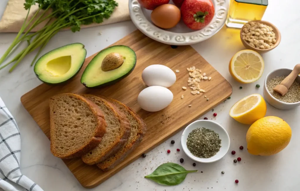 Fresh ingredients for avocado toast with egg and apples