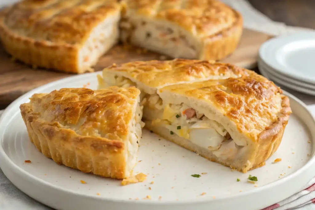 Sliced chicken and cheese jalousie on a serving plate.