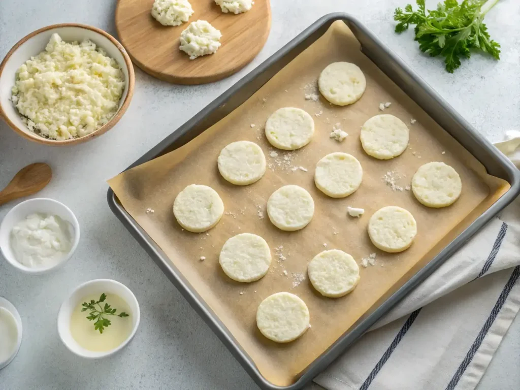 Preparing cottage cheese chips on a baking sheet