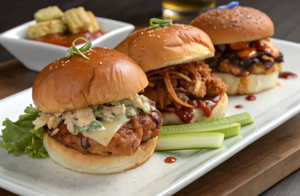 Three styles of chicken sliders – BBQ, buffalo, and garlic parmesan.