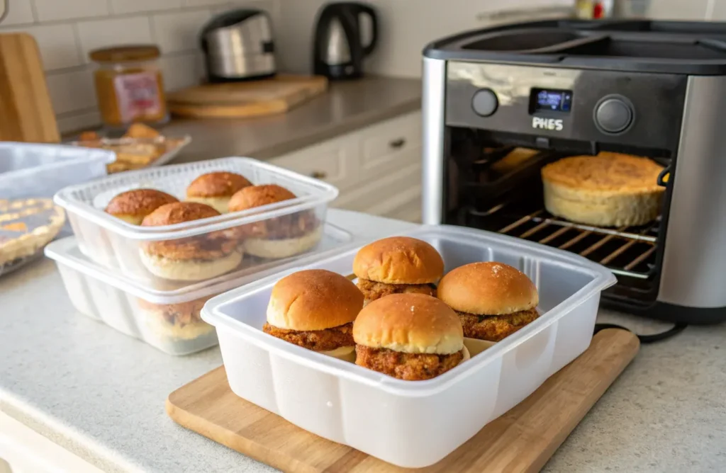 Best way to store and reheat chicken sliders.