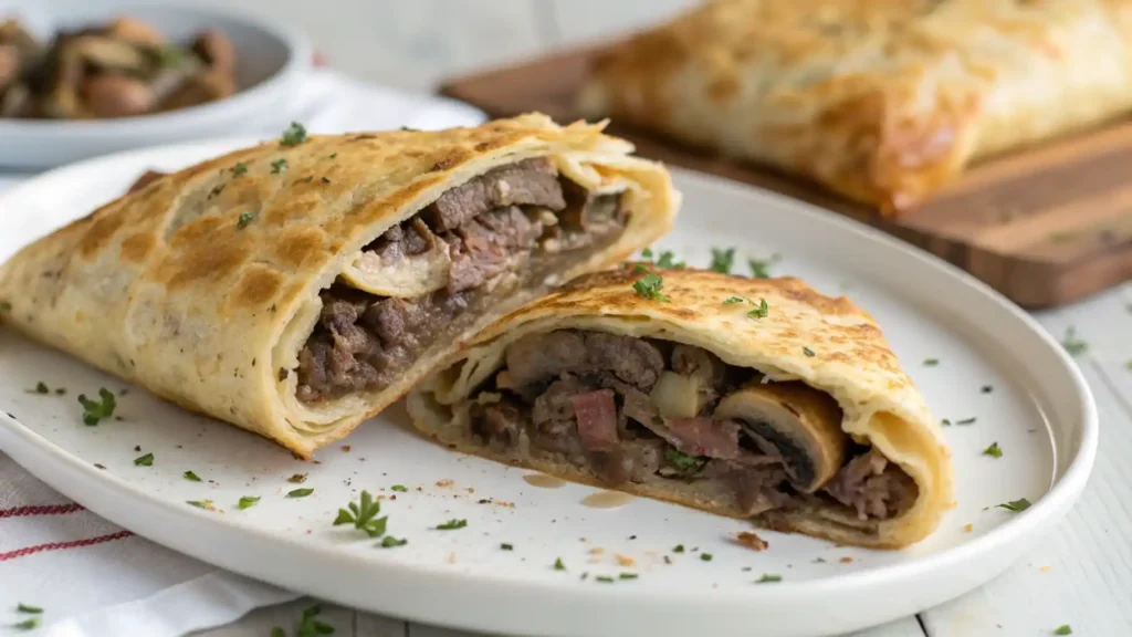 Golden-brown Beef Wellington Crepe fresh from oven