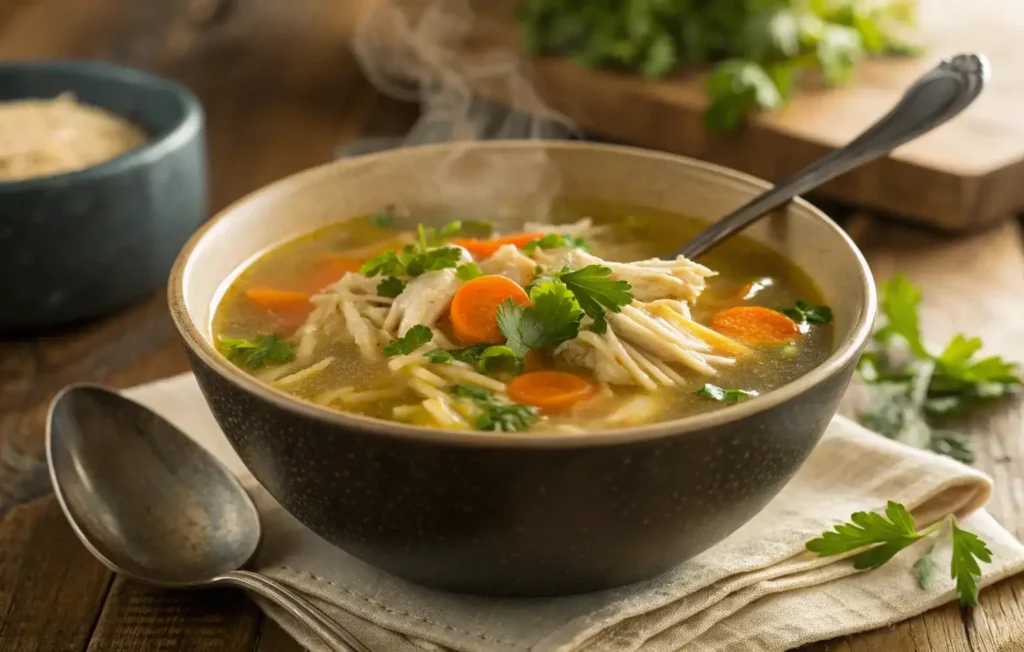 Bone broth chicken soup served hot with fresh parsley