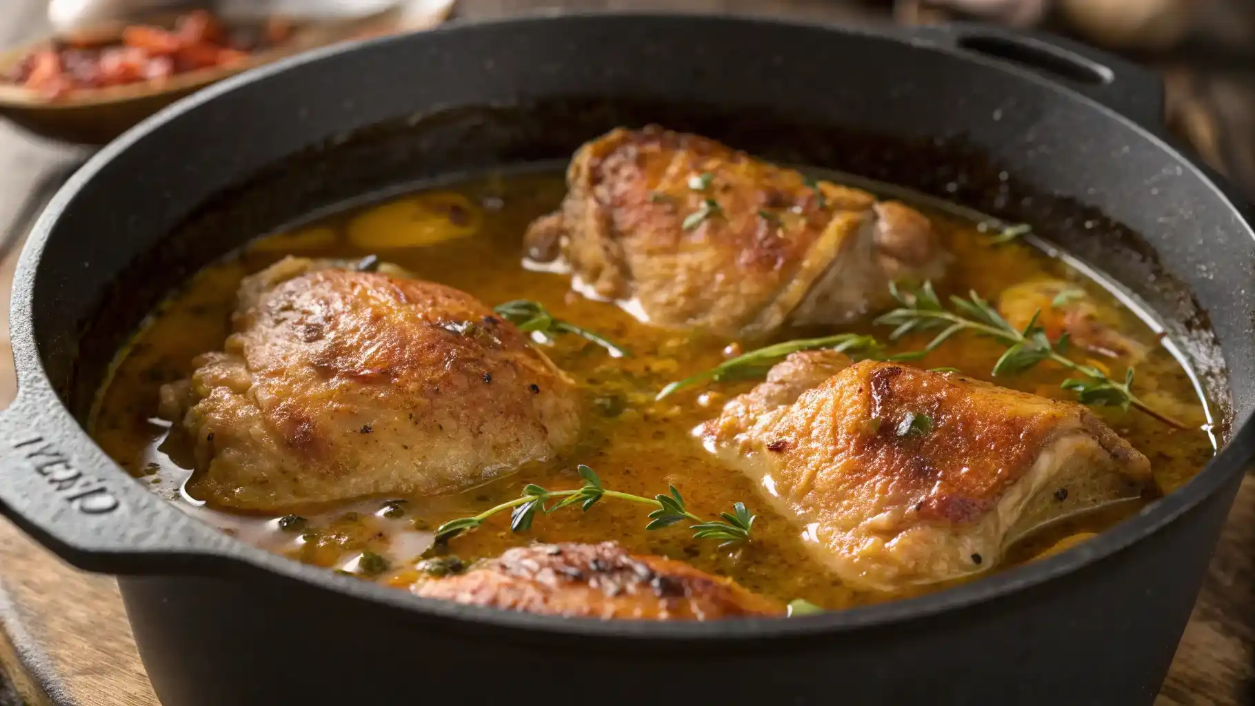 Chicken braising in the oven for crispy skin