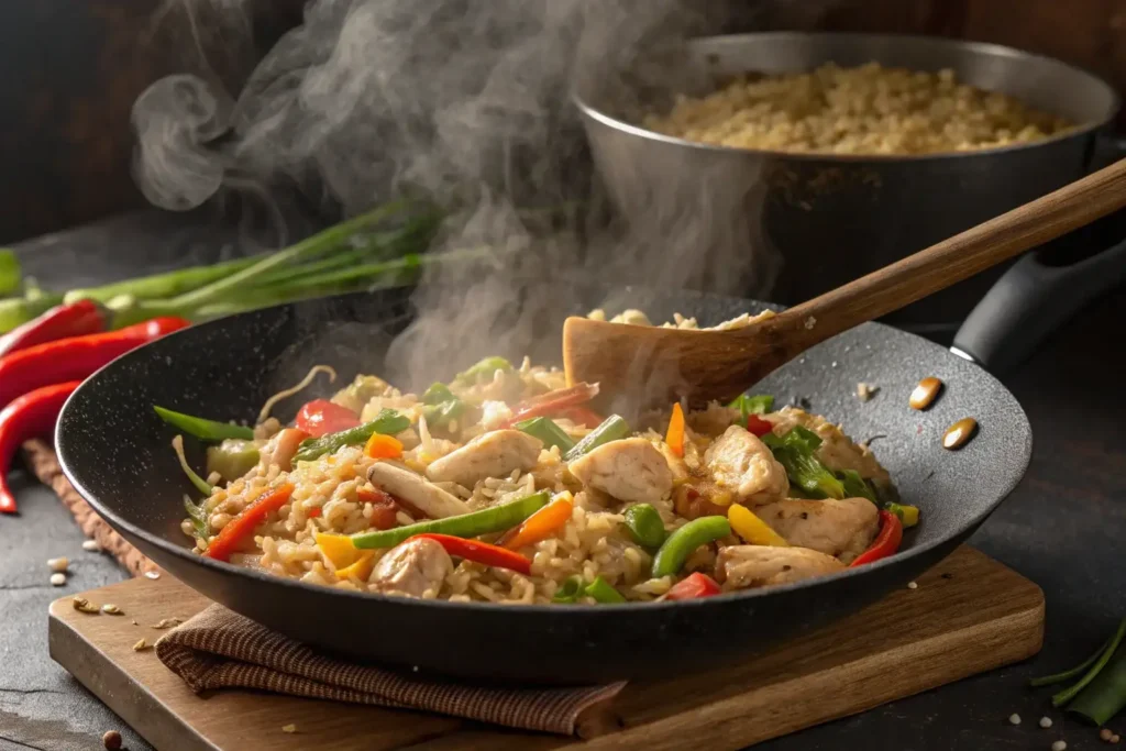 Cooking Benihana-style chicken fried rice in a wok over high heat.