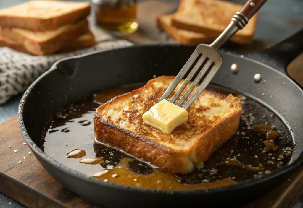 Eggnog French Toast cooking in butter on a skillet