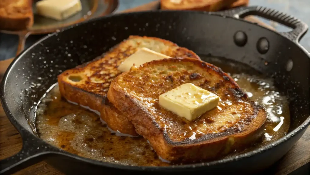 Golden brown sourdough French toast cooking in a skillet