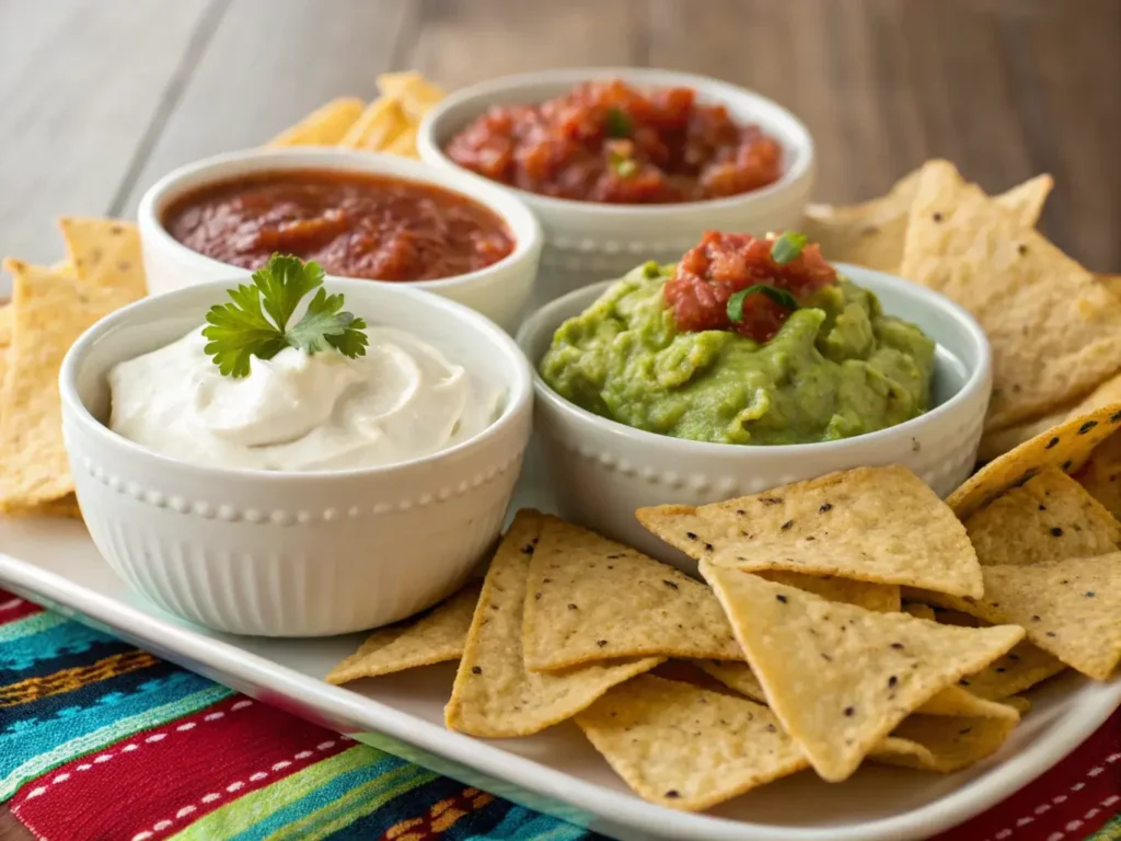 Cottage cheese chips with dips – guacamole, salsa, and yogurt dip