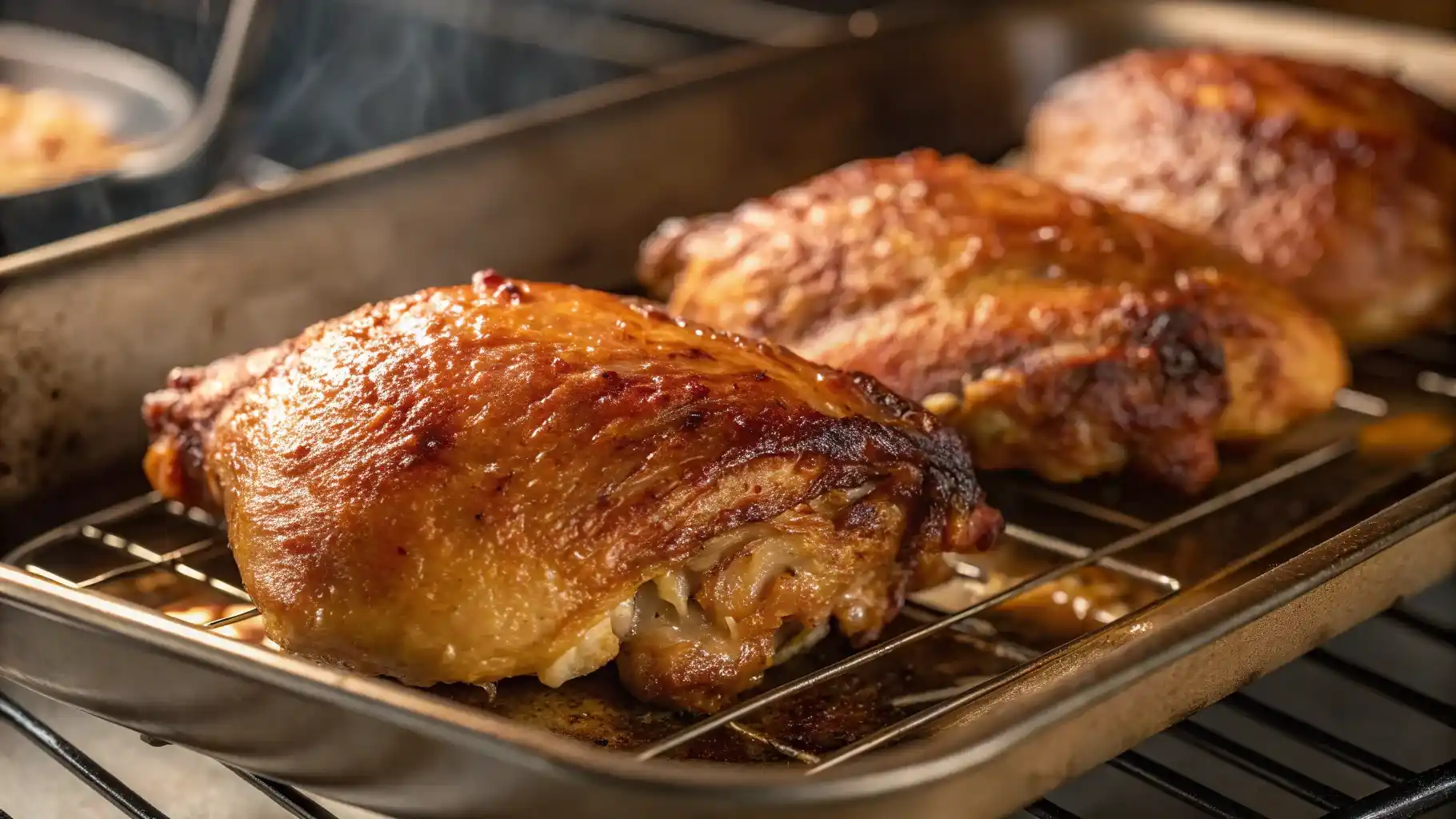 Crispy skin on braised chicken under the broiler