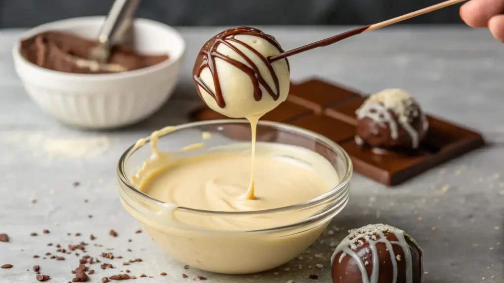 Dipping cookies and cream cake pops in chocolate