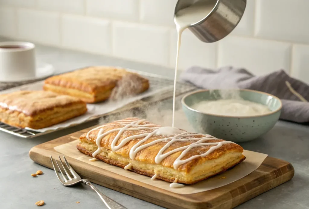 Drizzling vanilla icing on a homemade toaster strudel.