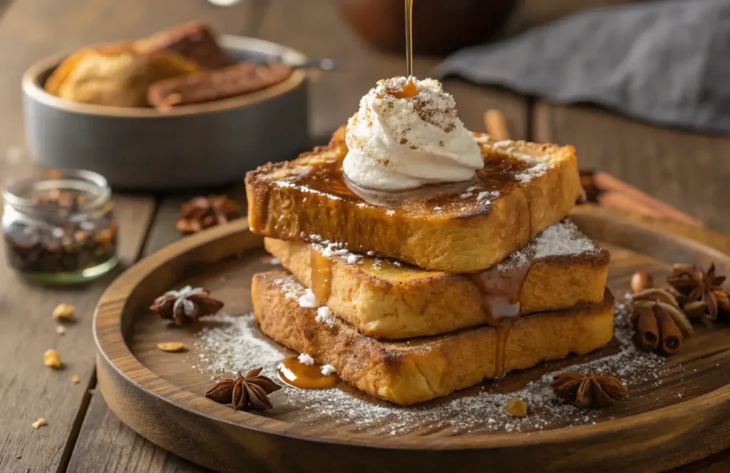 Eggnog French Toast Recipe with maple syrup and whipped cream