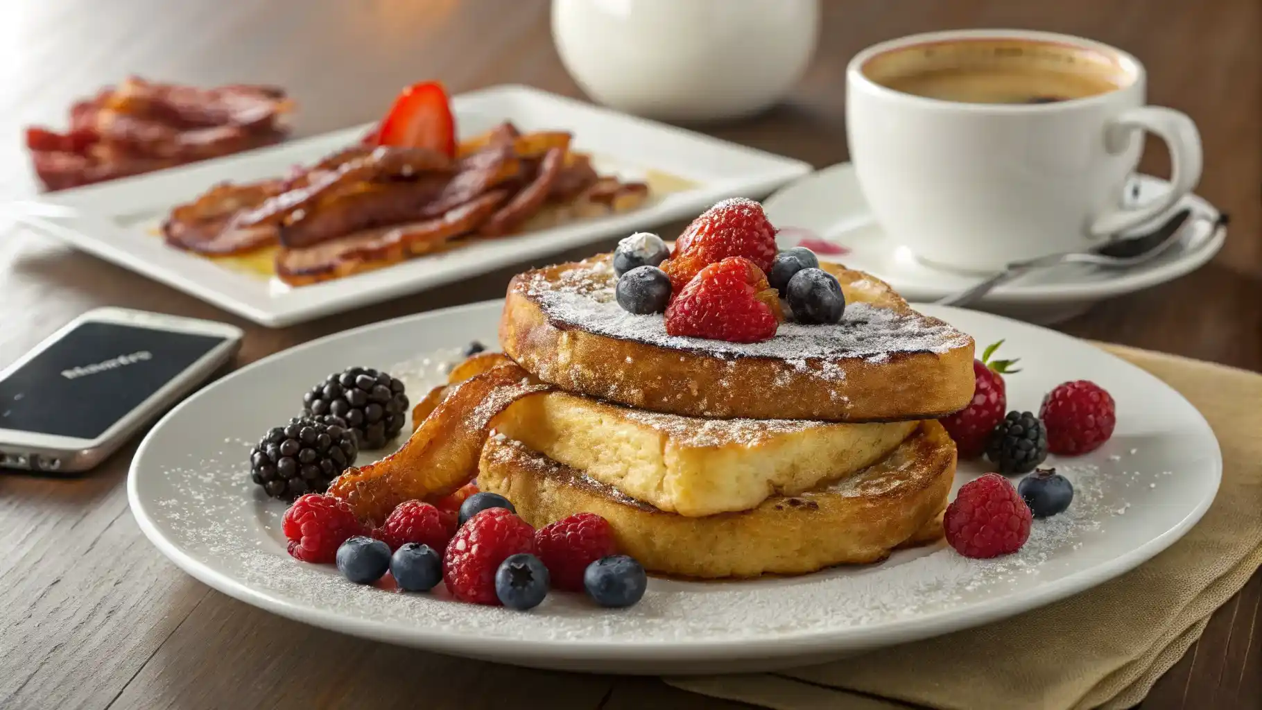 French toast breakfast with bacon, berries, and coffee