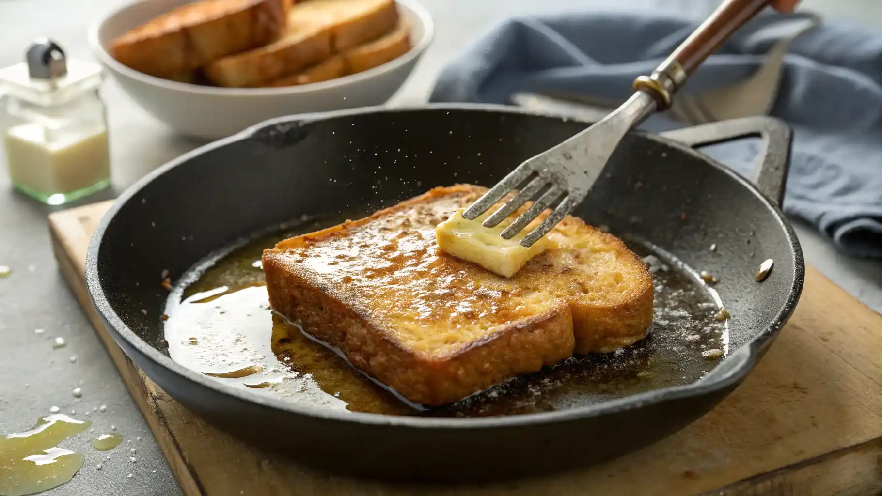 Golden-brown French toast cooking in a nonstick pan