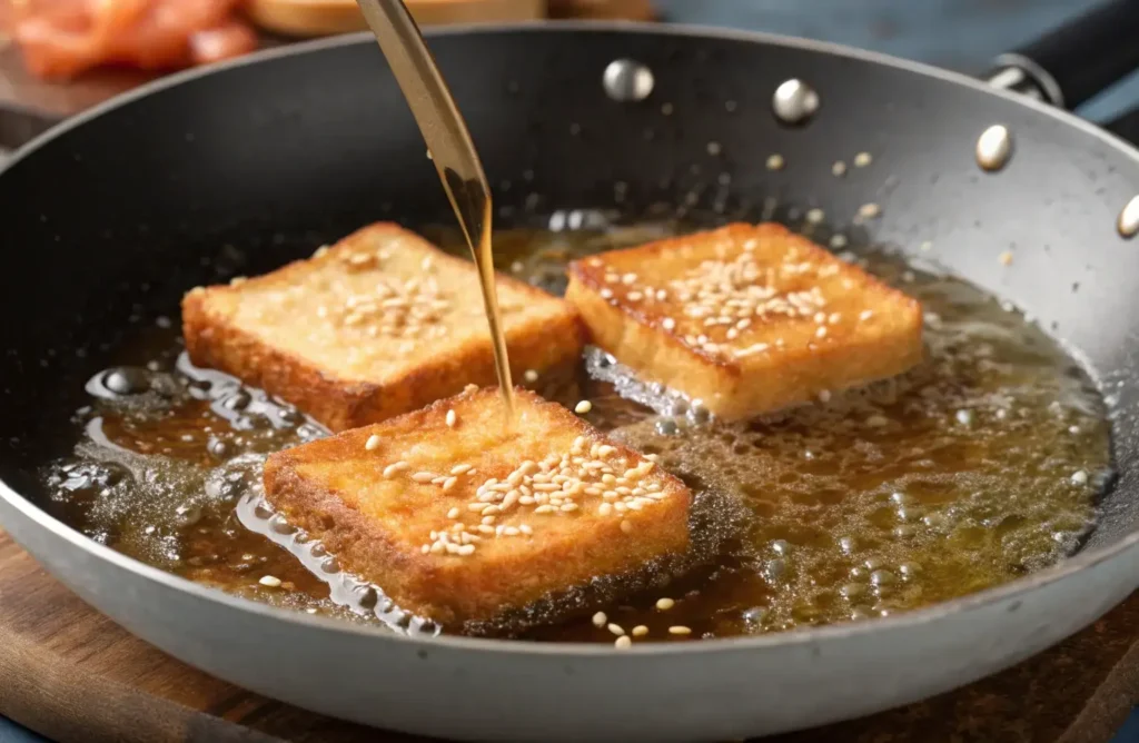 Frying Chinese shrimp toast to golden perfection.