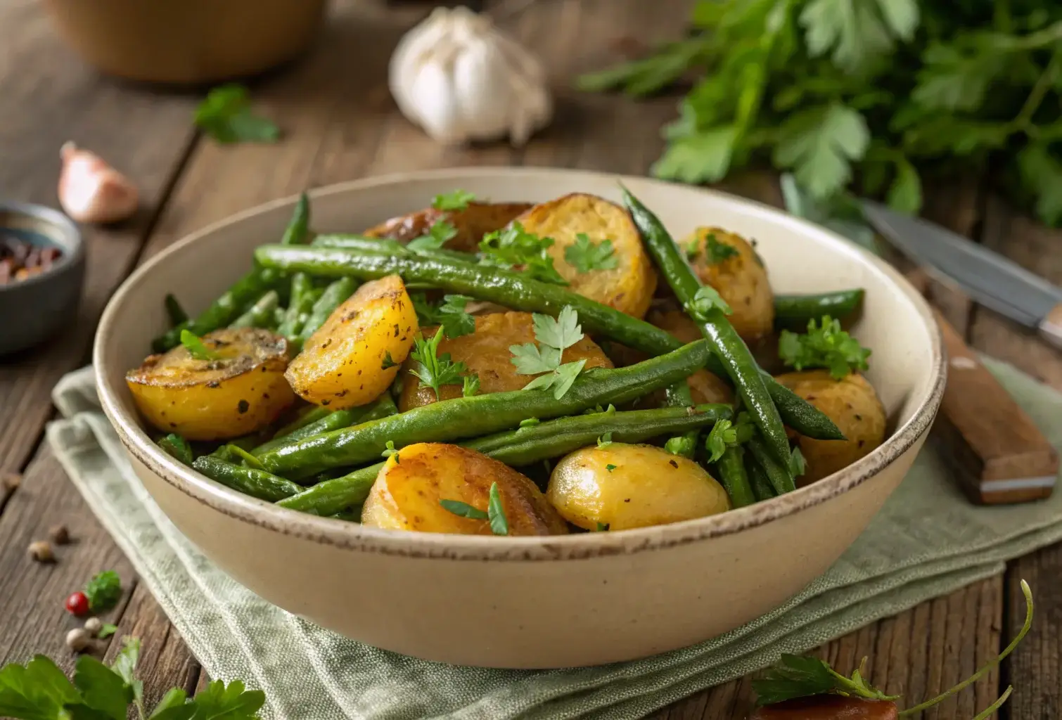 Green beans and potatoes recipe served in a bowl