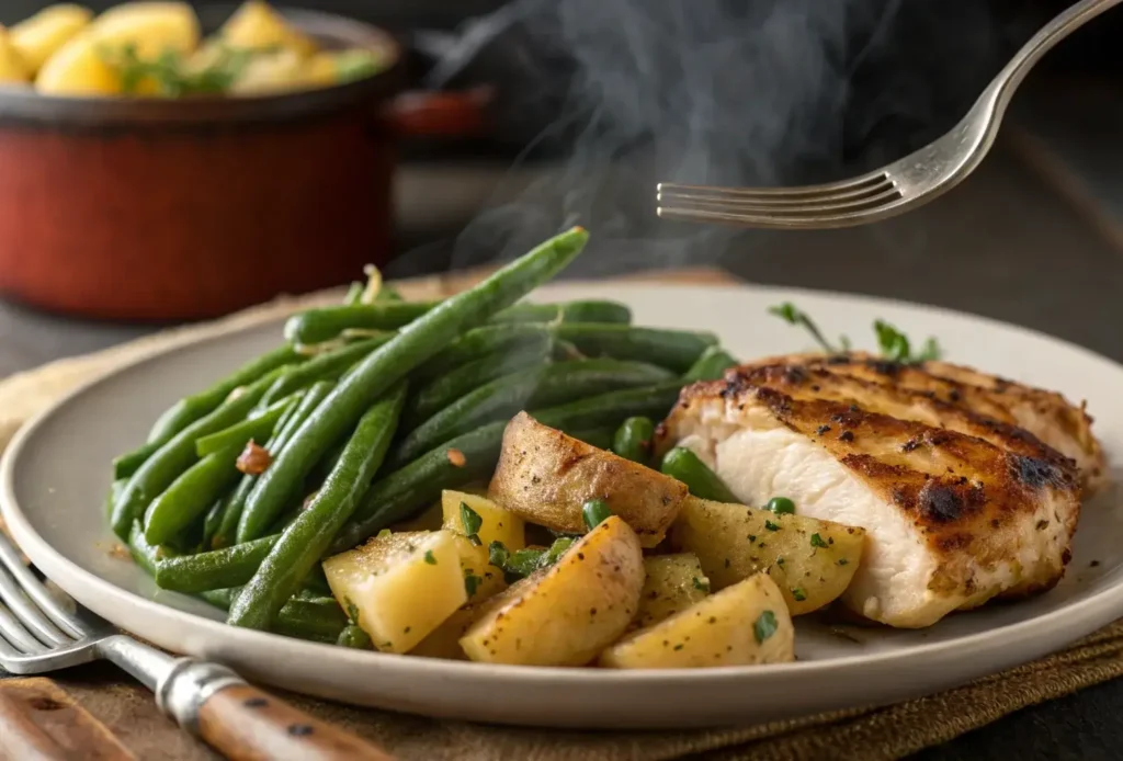 Green beans and potatoes served with grilled chicken