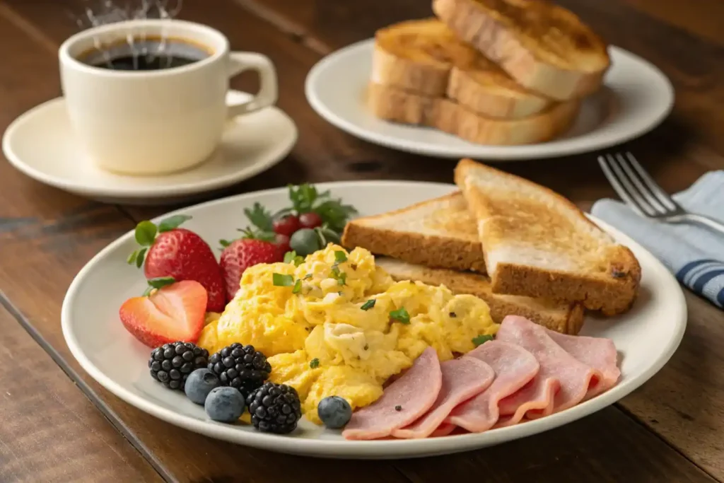 Scrambled eggs and ham with toast and berries.