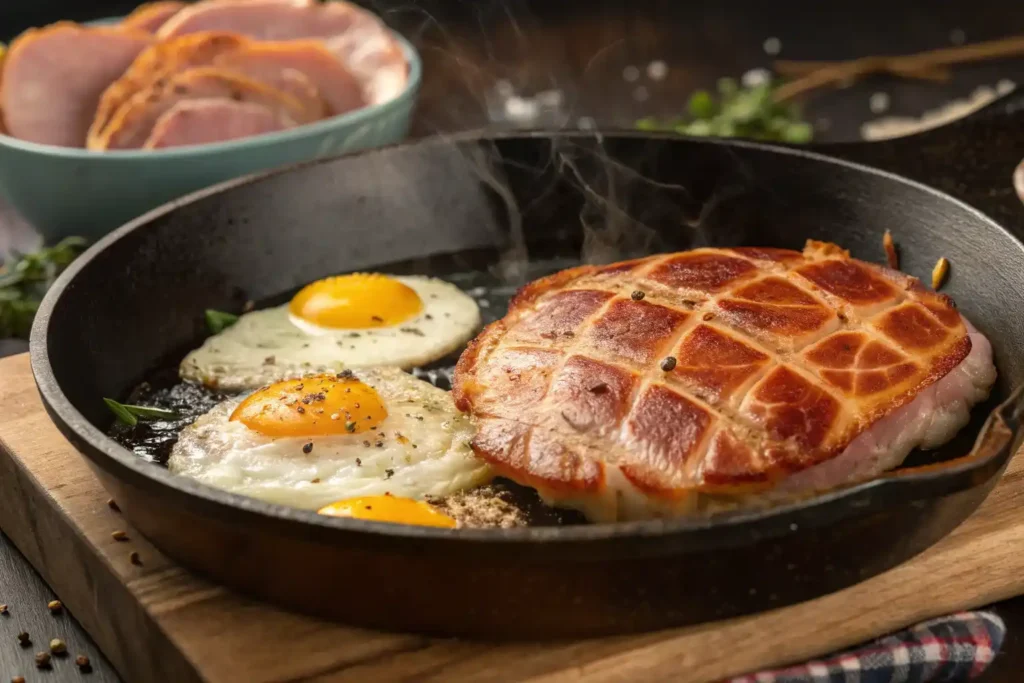 Ham and eggs cooking in a skillet.