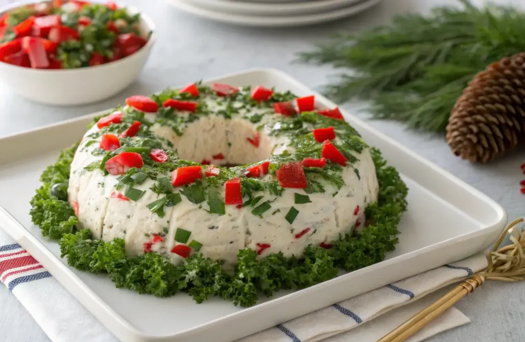 Holiday-themed Philadelphia cream cheese ball wreath.