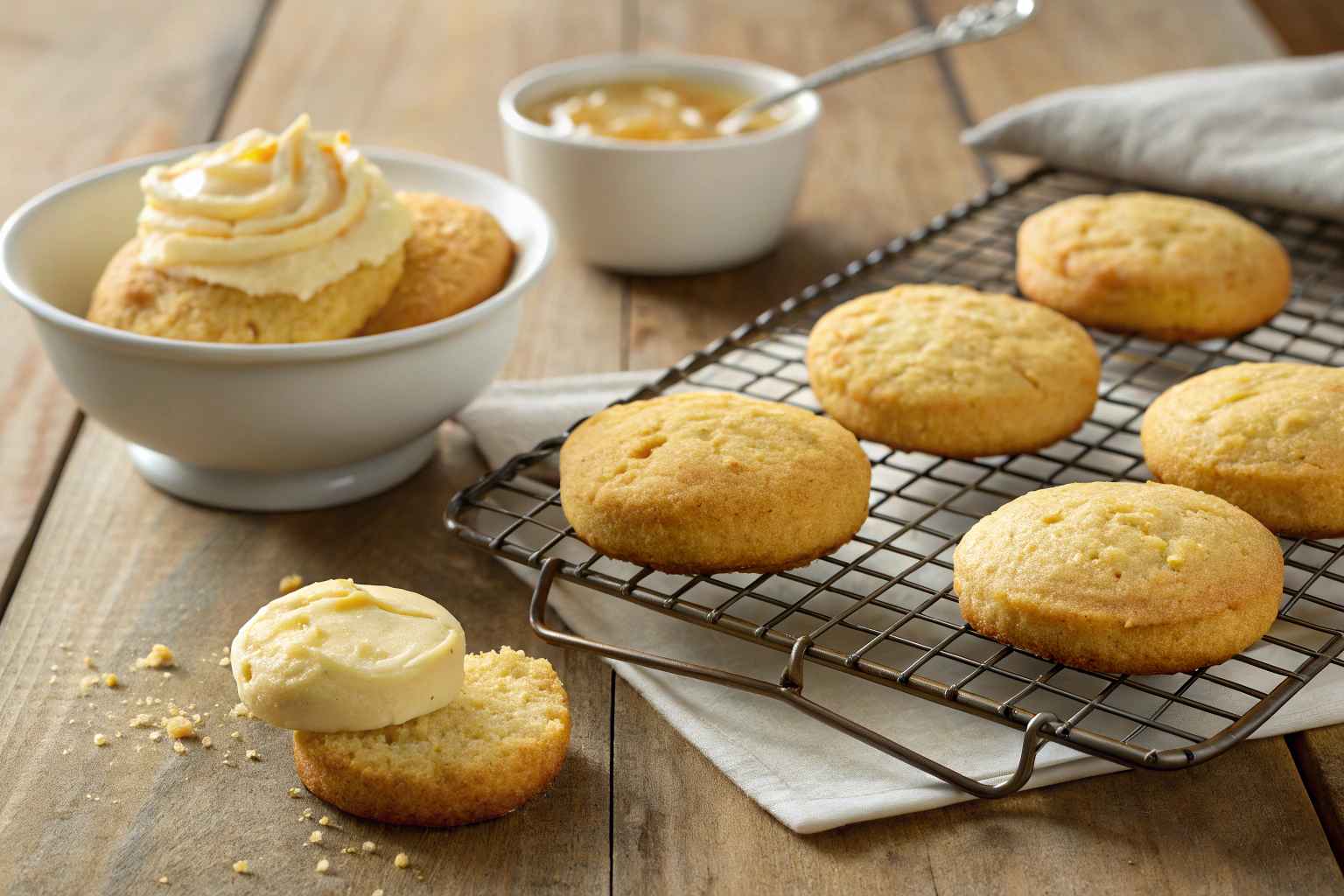 Freshly baked cornbread cookies cooling on a wire rack with honey butter