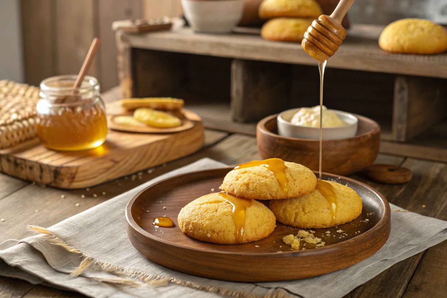 Freshly baked honey butter cornbread cookies drizzled with golden honey