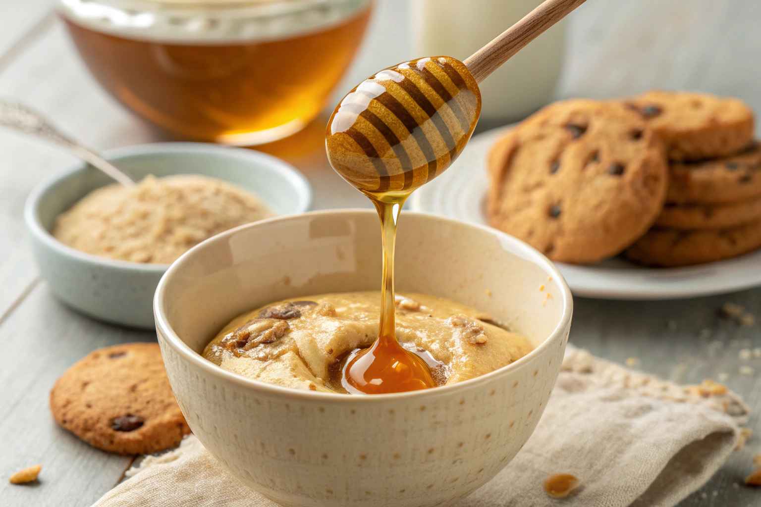 Golden honey dripping into cornbread cookie batter for extra sweetness