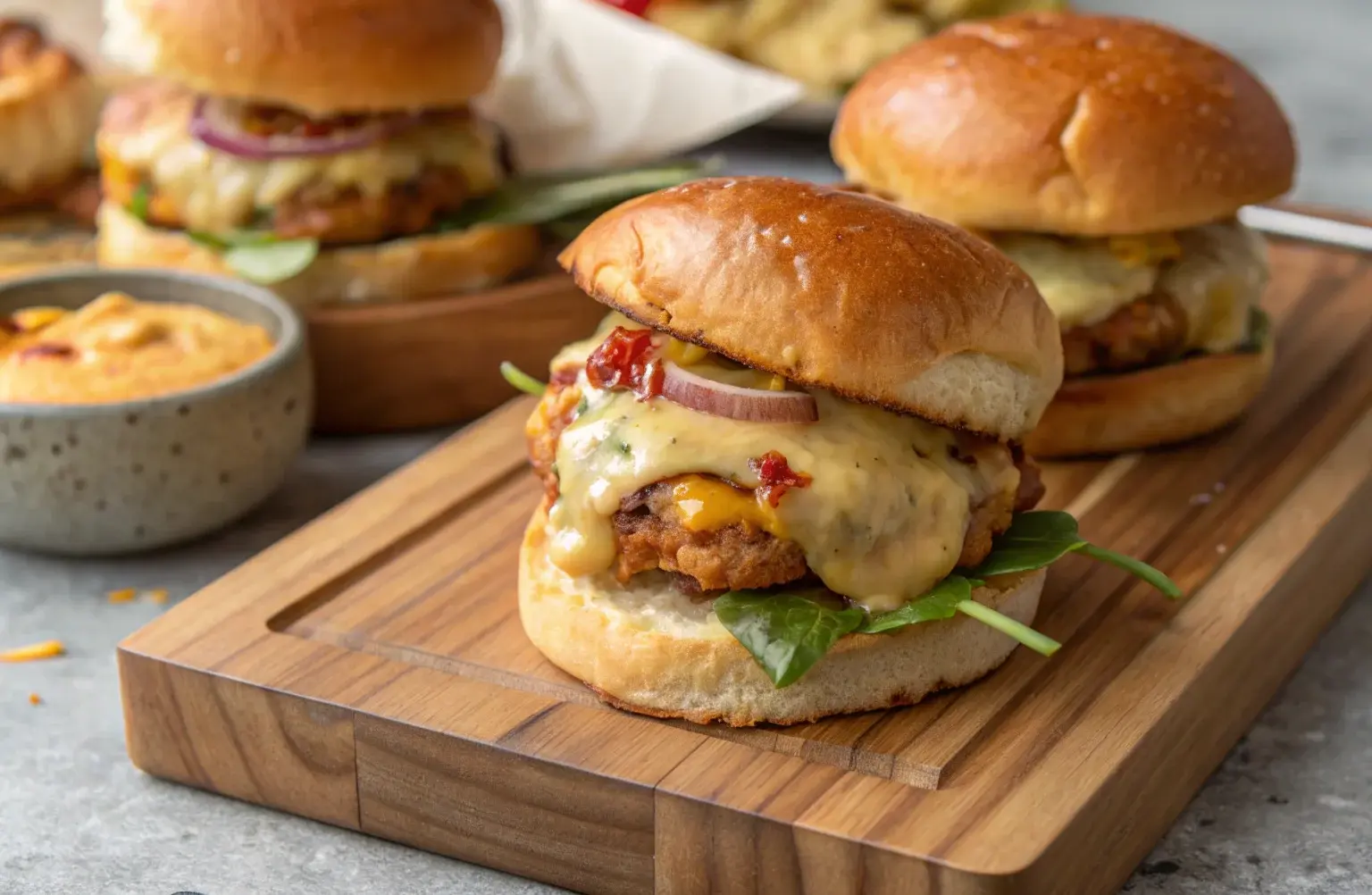 Juicy chicken sliders recipe with melted cheese on soft buns.