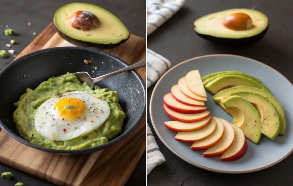 Step-by-step avocado toast preparation with egg and apples