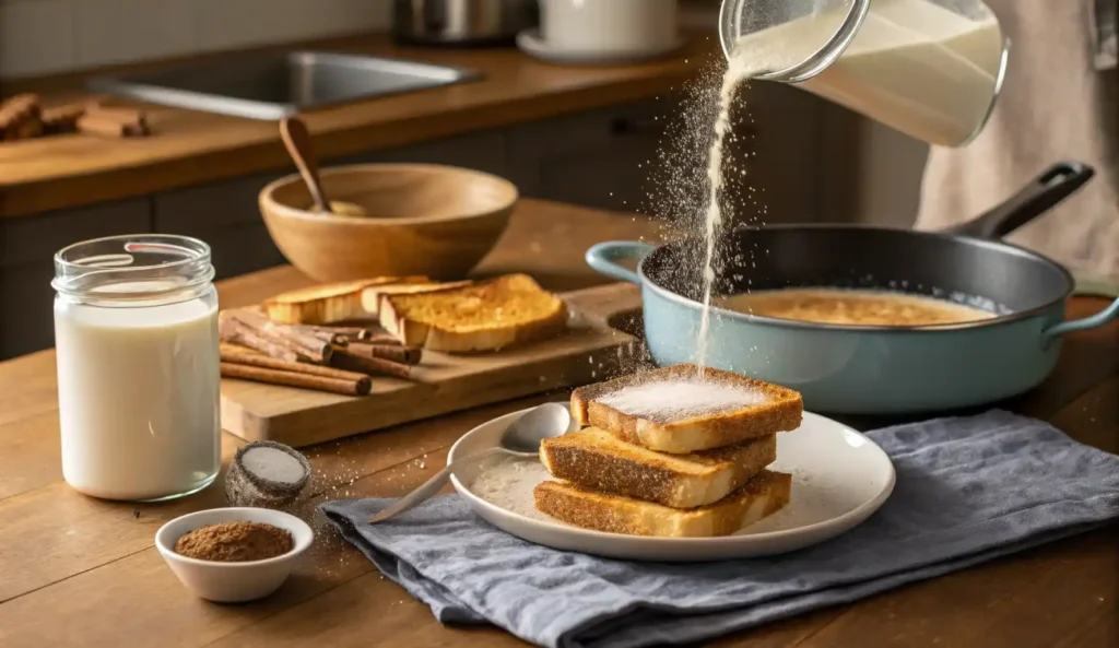 Step-by-step process of making milk toast with toasted bread and warm milk.