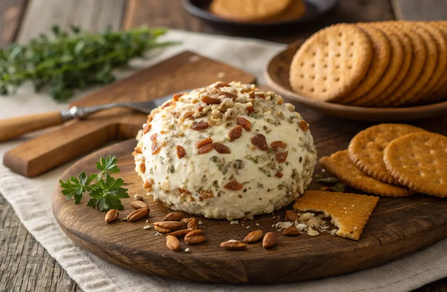 Classic Philadelphia cream cheese ball with pecan coating.