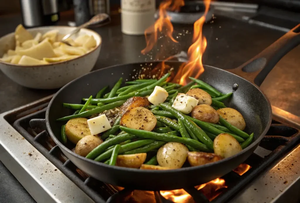 Chef cooking green beans and potatoes in a skillet