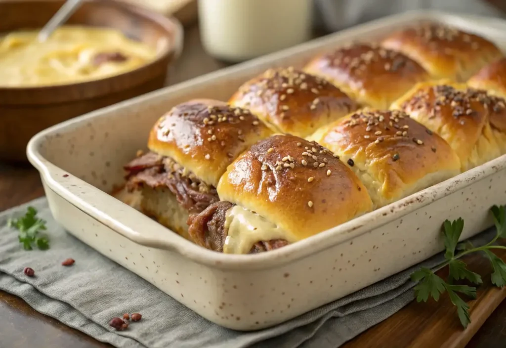 Roast beef sliders brushed with butter glaze before baking