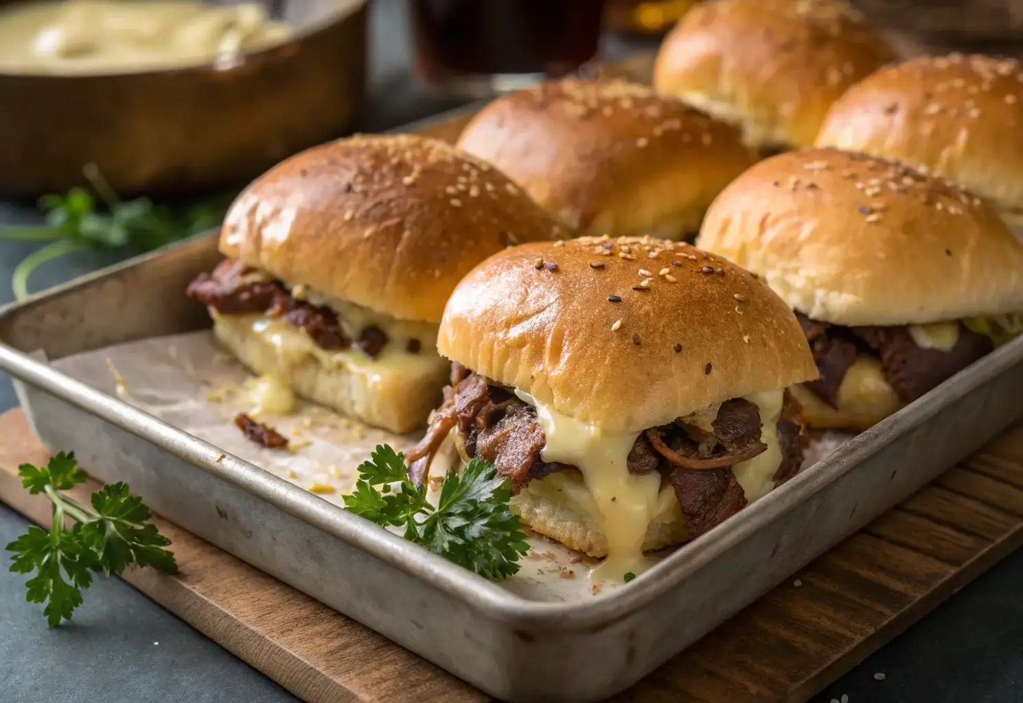 Golden-brown roast beef sliders with melted cheese