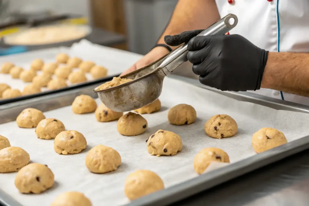 Scooping chocolate chip cookie dough without brown sugar.