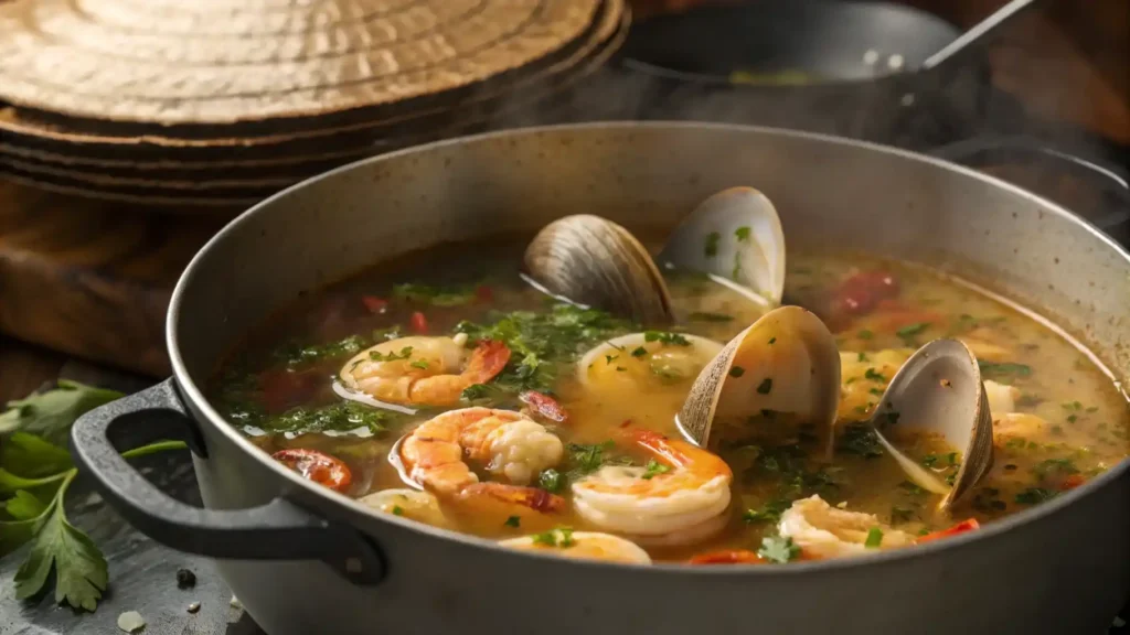 Clam shrimp broth simmering with herbs and spices