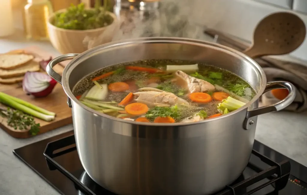 Simmering homemade chicken bone broth with vegetables