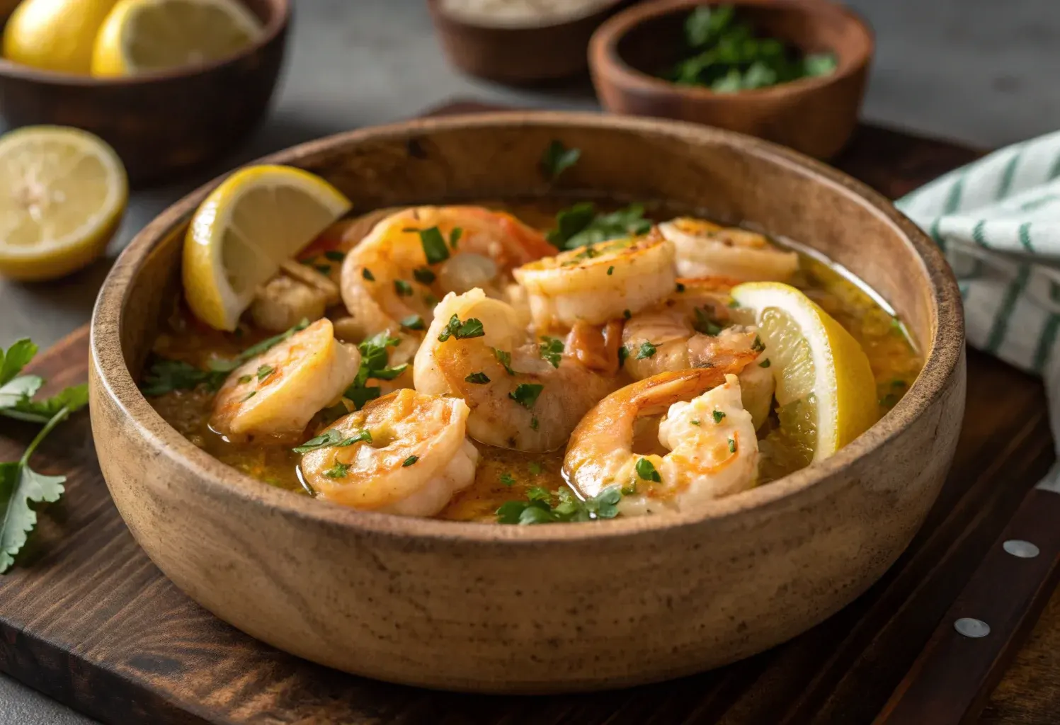 Slow cooker garlic butter shrimp in a rustic bowl with parsley and lemon.