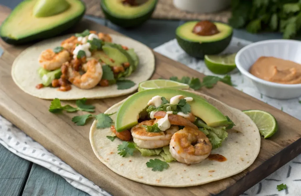 Slow-cooked shrimp tacos with salsa verde, avocado, and cilantro in soft corn tortillas.