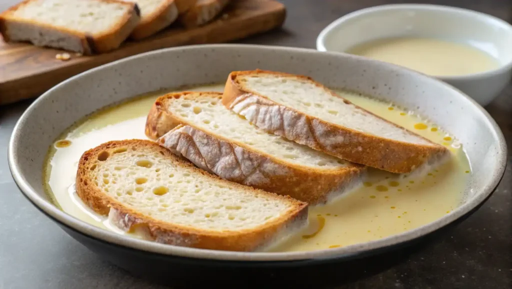 Sourdough bread soaking in egg custard mixture